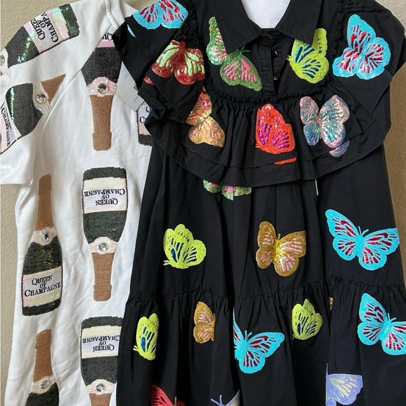 EUC Queen of Sparkle sequin scattered butterfly black puff sleeve dress sz Large - Picture 3 of 4